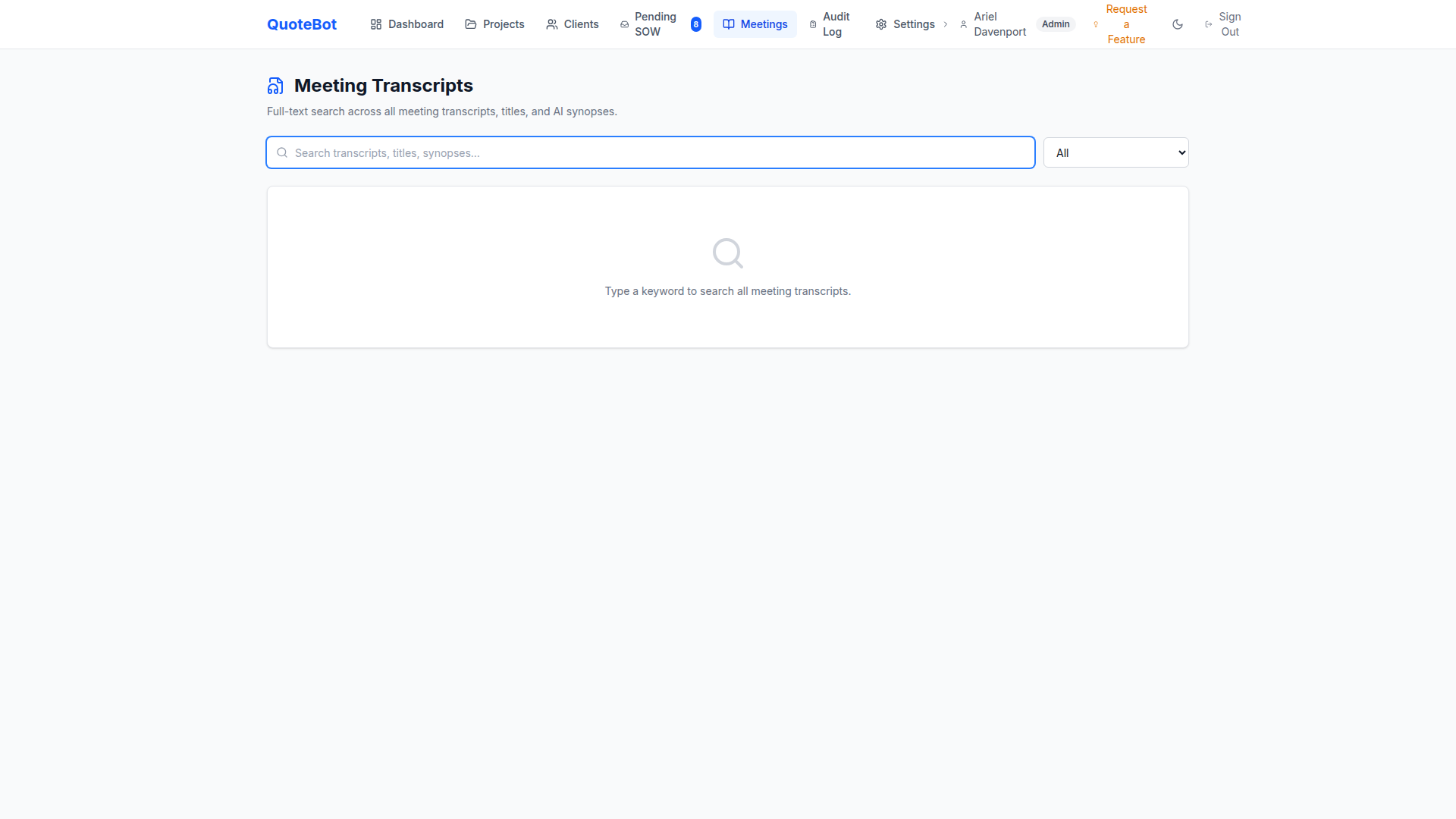 QuoteBot Meetings — transcript import and meeting management