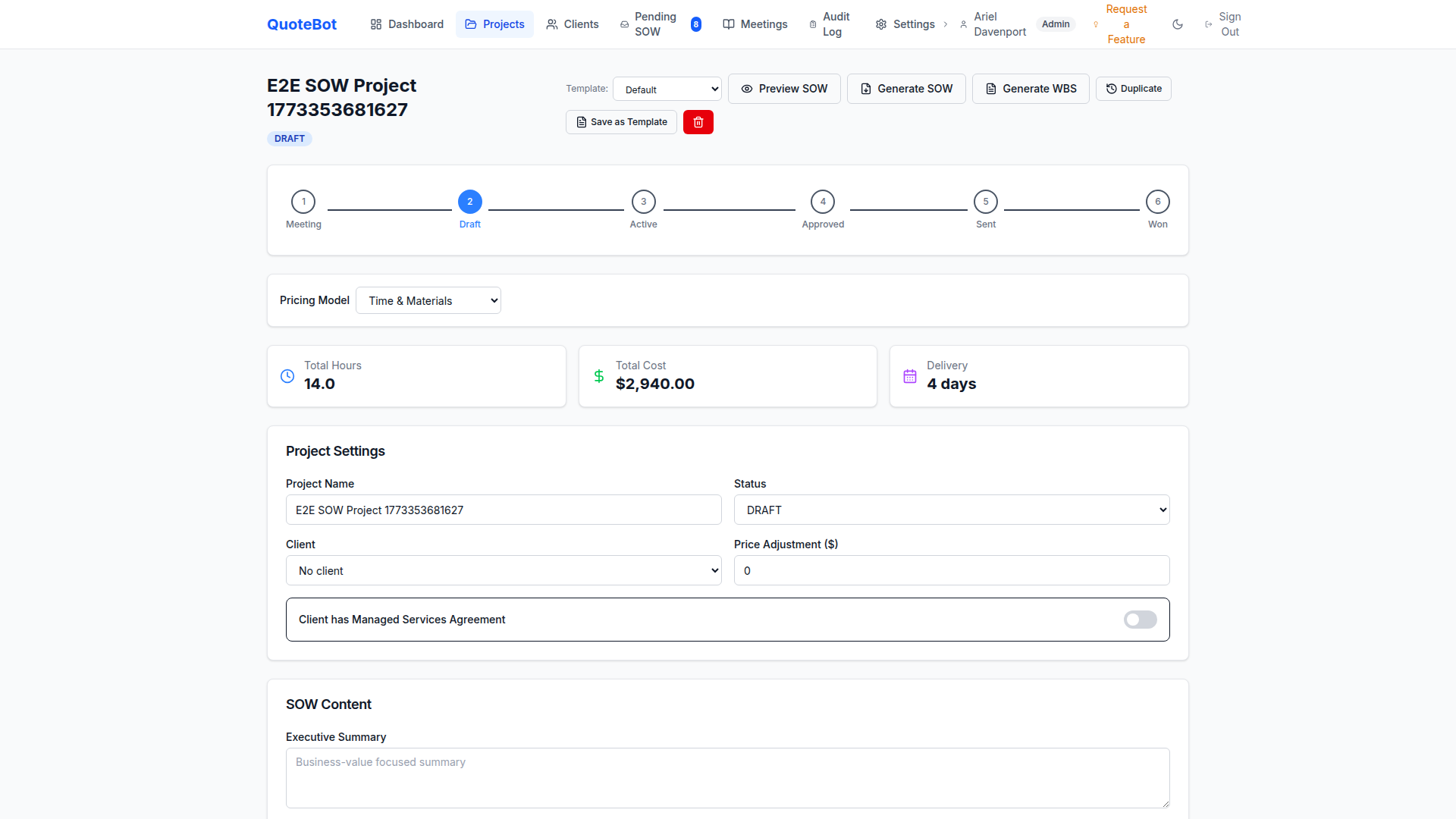 QuoteBot Project Detail — SOW builder with services, pricing, and phases
