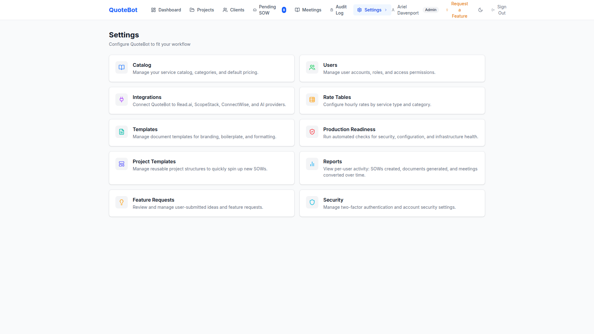 QuoteBot Settings — integrations, user management, and configuration